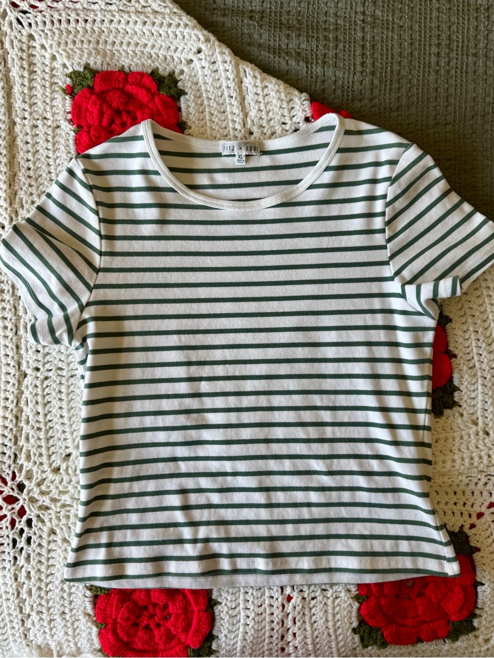Green & White Striped Stretch Crewneck Tee